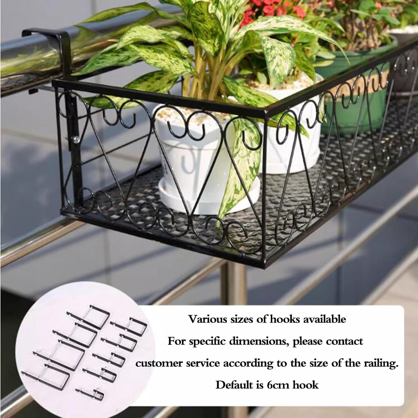 Black & White Railing Planter - Outdoor Fence Planters & Hanging Flower Pot Stand, Durable Plant Shelf for Garden, 60x30x18cm, Perfect for Flowers & Herbs