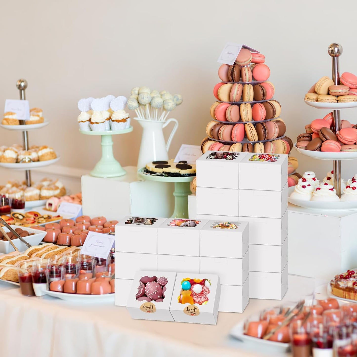 WINKIO 24pcs White Cookie Boxes, 4x4x2.5 Inches Bakery Boxes with Window, for Mini Cake Treat Dessert Pastry Donuts Macaroon Strawberries Chocolate Candy (with Stickers)