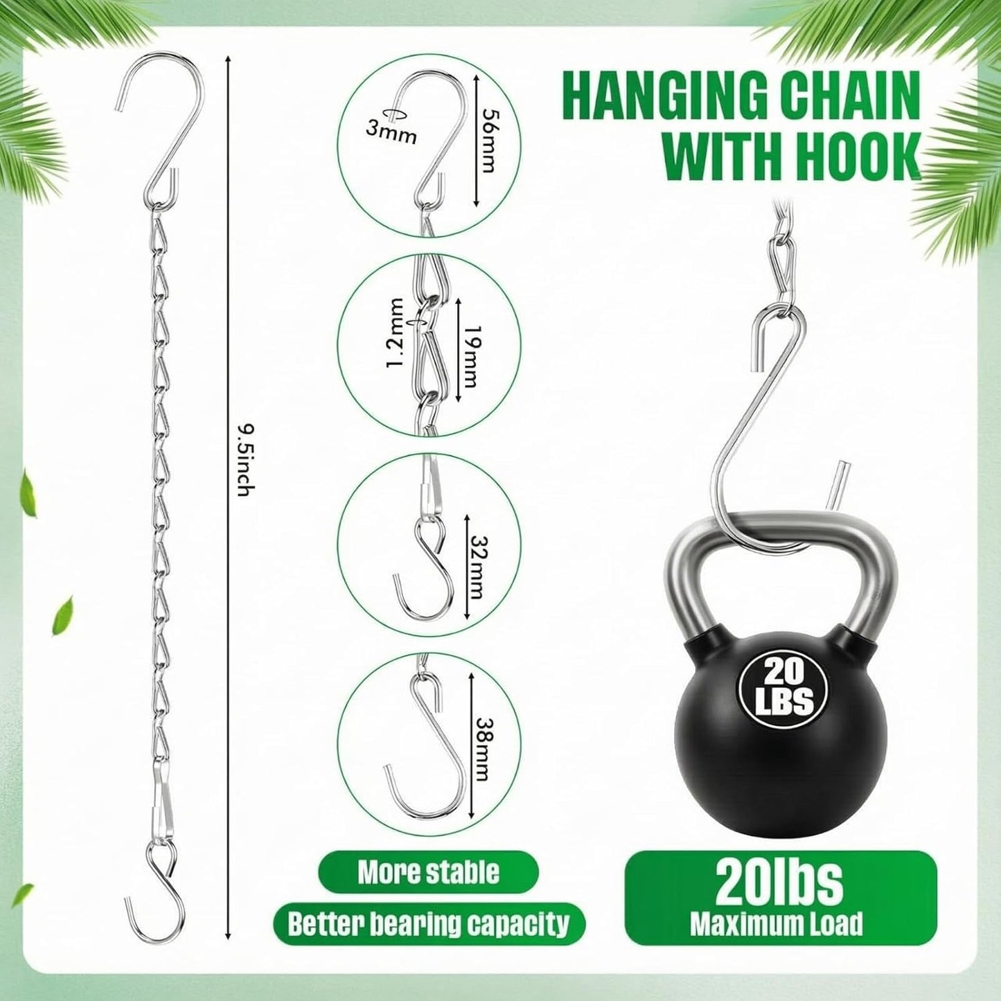 2 Pack Hanging Chain for Bird Feeders, Planters, Lanterns and Ornaments (9.5 Inch, Silver)