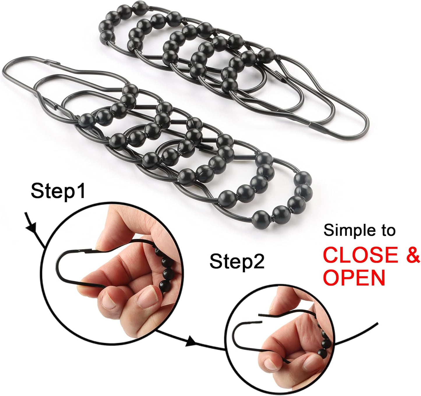 Shower Curtain Hooks Rings, Rustproof Metal Shower Curtain Rings for Bathroom Shower Rods Curtains - Set of 12, Matte Black