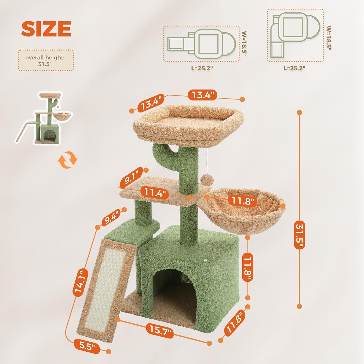 PETEPELA Cactus Cat Tree for Indoor Cats, 32'' Small Cat Tower Cat Con