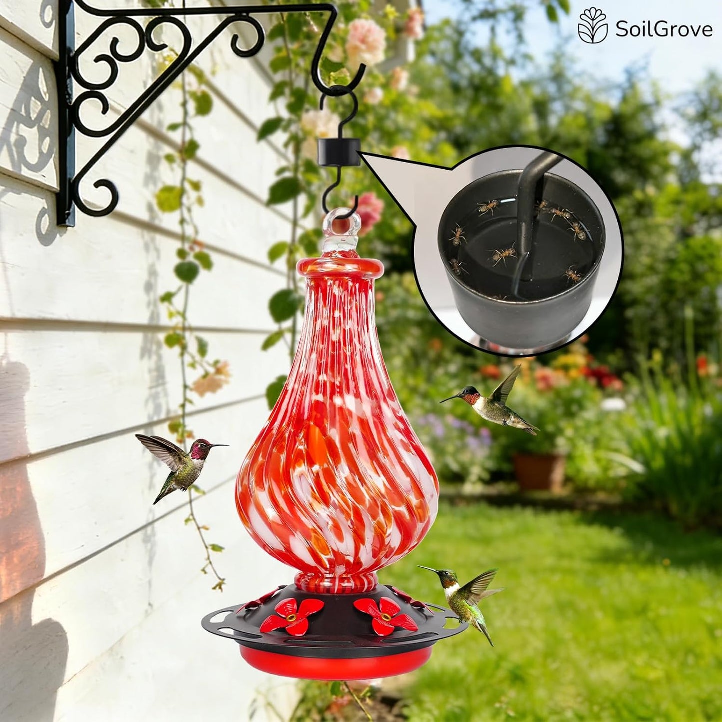 Glass Hummingbird Feeder,24oz Red Hand Blown Humming Bird Feeders for Outdoors Hanging with 5 Feeding Ports & Ant Moat,Unique Gifts for Women Men,Hanging Garden Decor