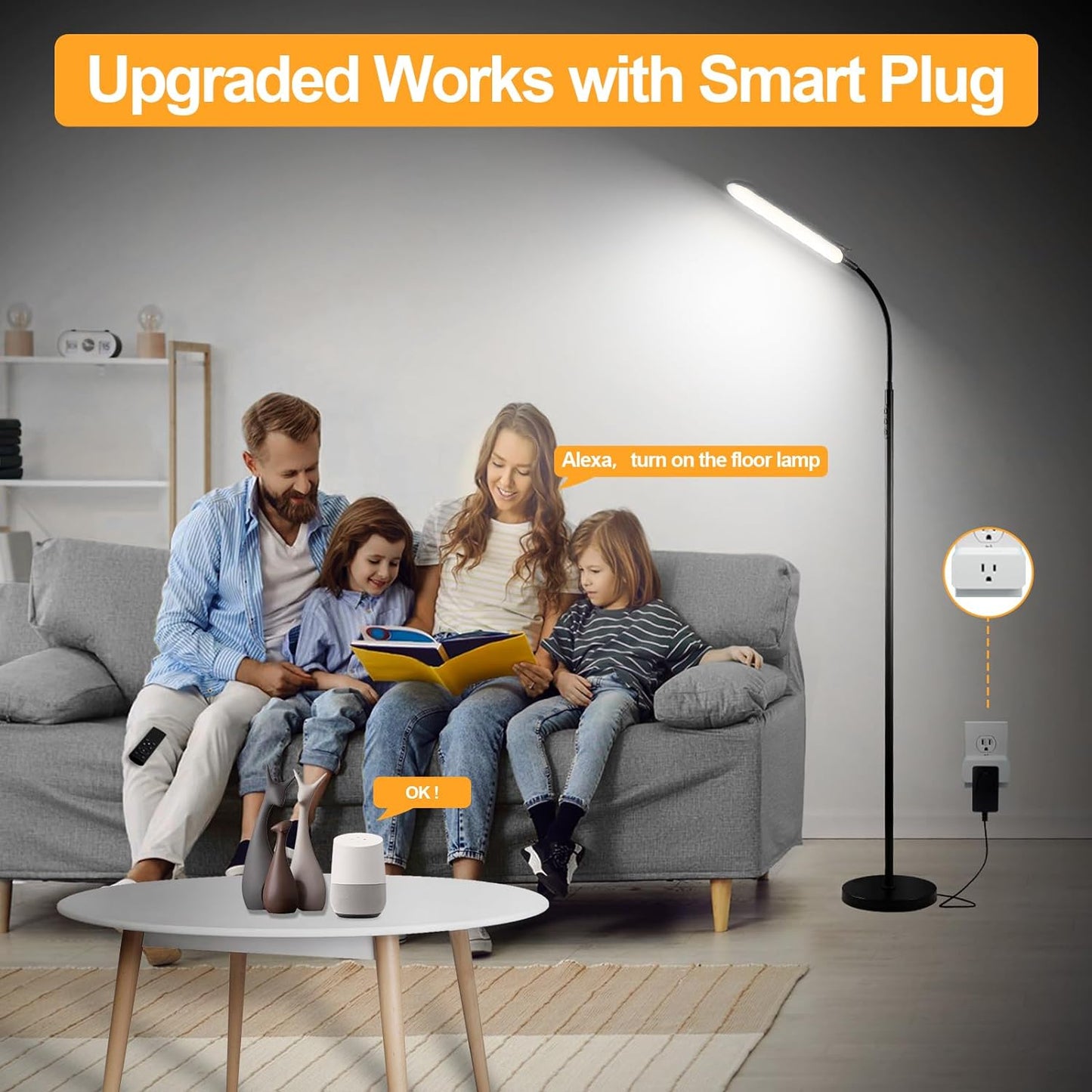 Floor Lamp, 18W 1800LM Super Bright LED Floor Lamp with Remote & Works with Smart Plug, Dimmable Timing Eye Caring Reading Lamps Floor Standing for Living Room Bedroom Office