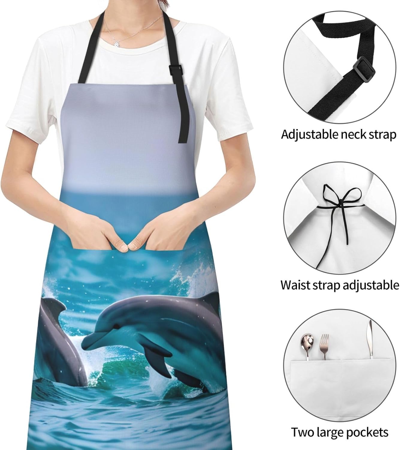 Dolphins in the sea print Waterproof chef's apron with pocket apron for kitchen cooking baking barbecue and gardening