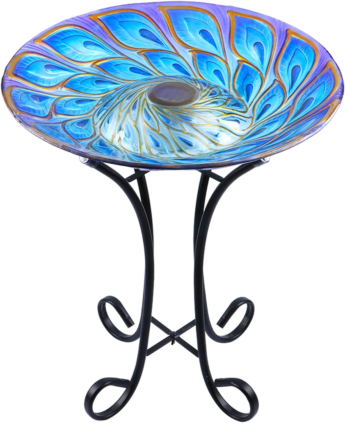 MUMTOP Outdoor Glass Bird Bath Solar Birdbaths with Metal Stand for Lawn Yard Garden Peacock Decor,18” Dia 21.65” Height