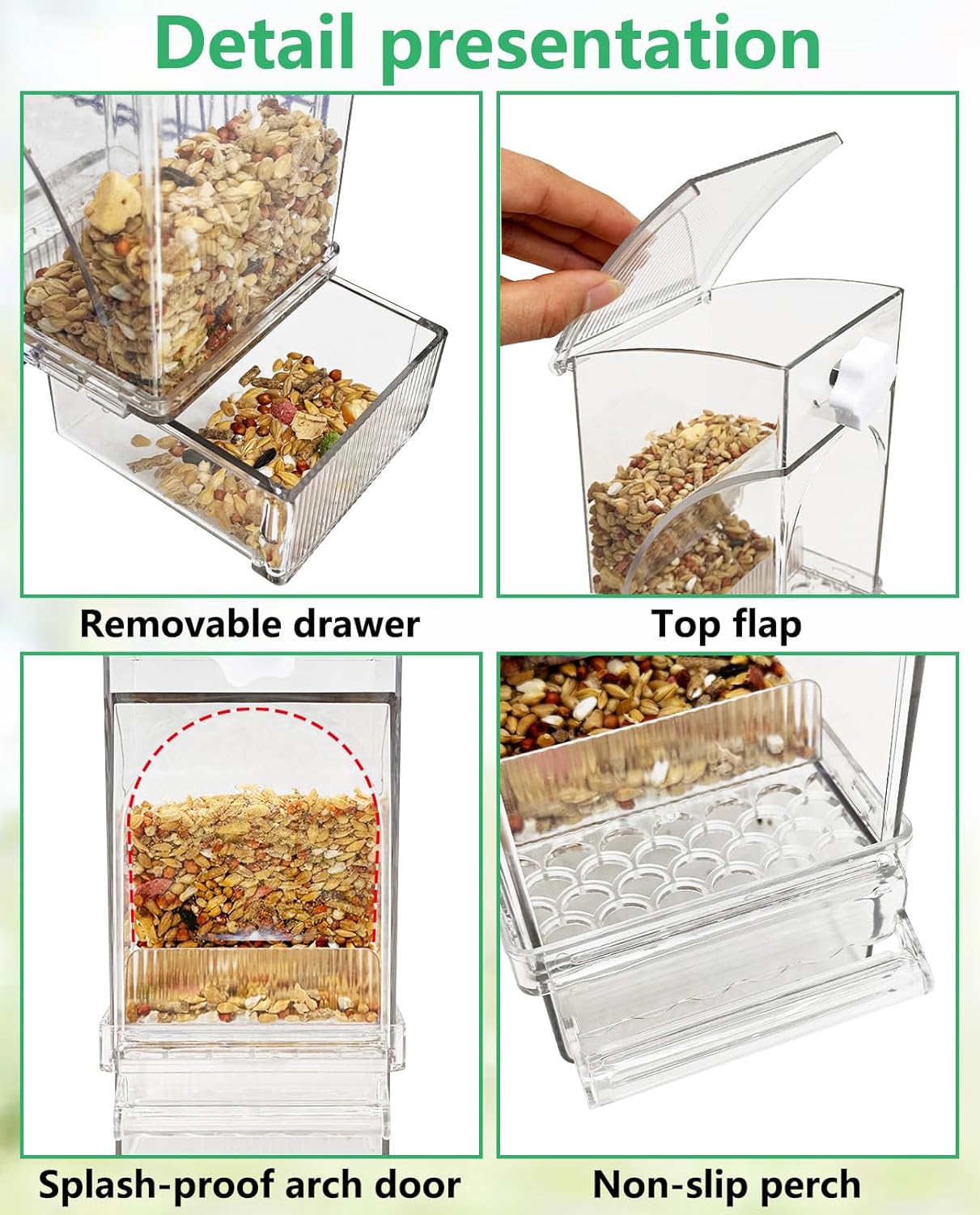Hamiledyi 2Pcs No Mess Bird Feeder Automatic Bird Cage Feeder Transparent Acrylic Parrot Seed Food Container with Perch for Parakeet Finch Lovebirds Budgies Canary