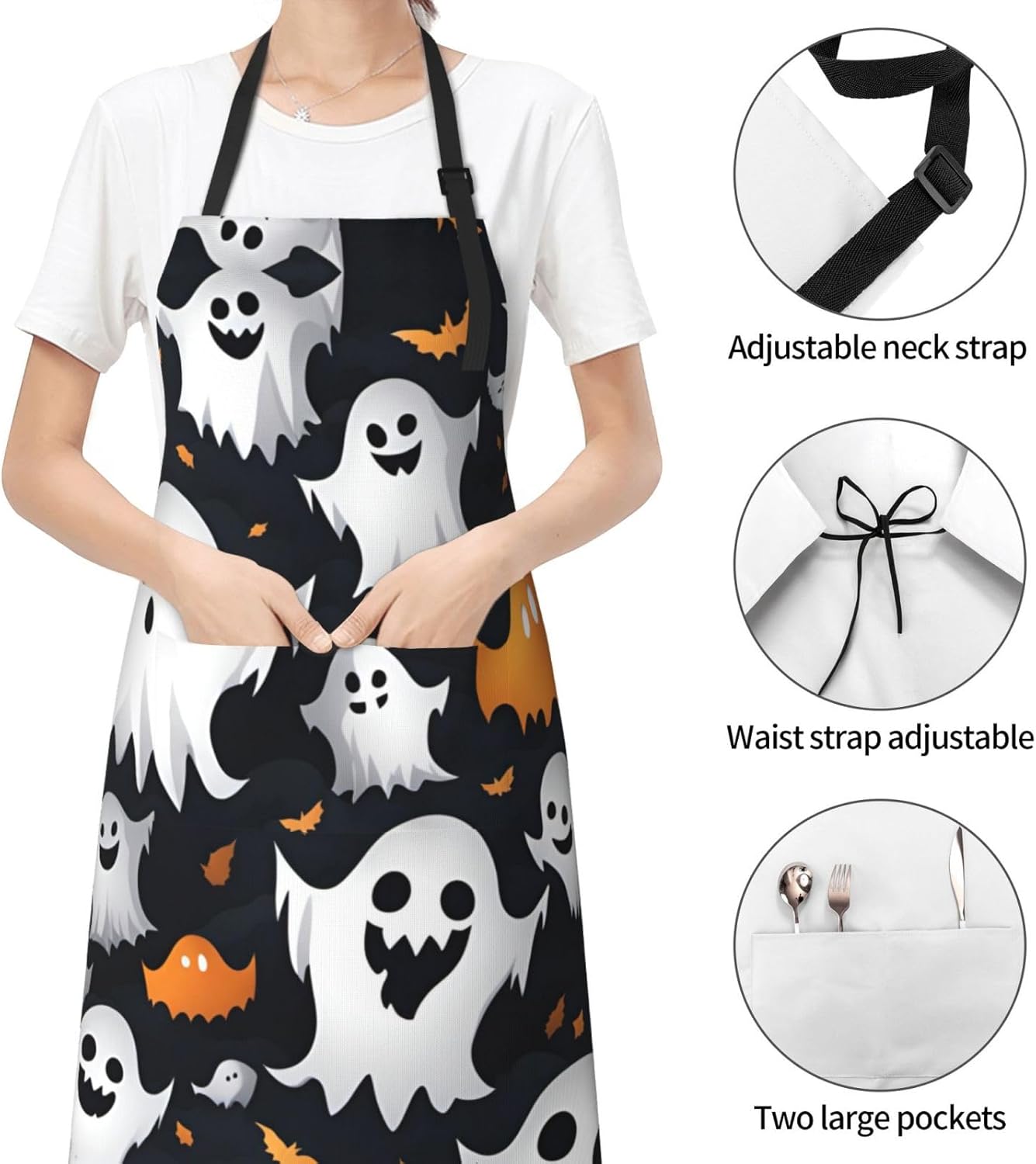 Cute White Ghost Halloween Pattern print Waterproof chef's apron with pocket apron for kitchen cooking baking barbecue and gardening