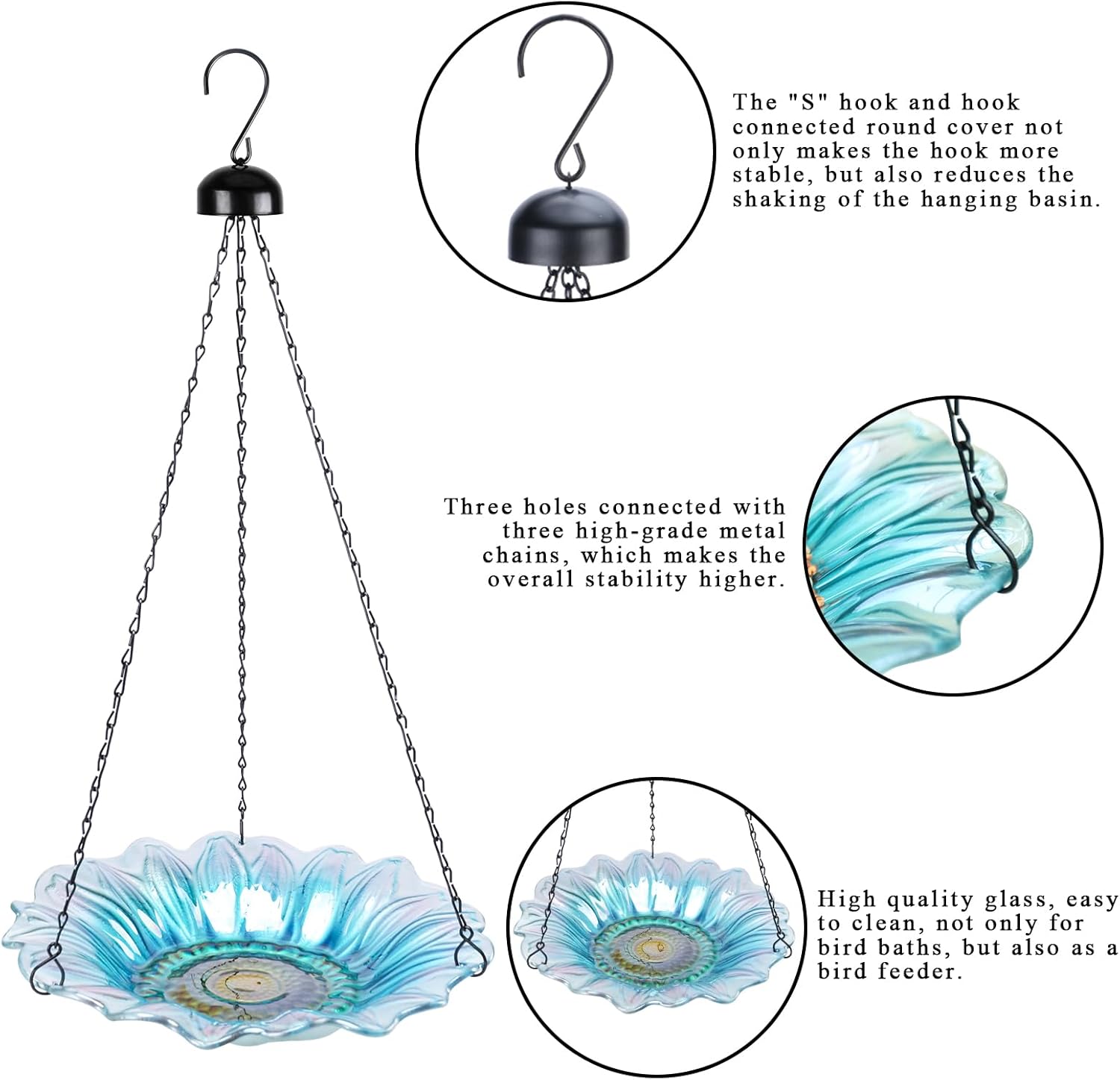 VCUTEKA Bird Bath, Glass Hanging Bird Baths for Outdoors Birdfeeder wi
