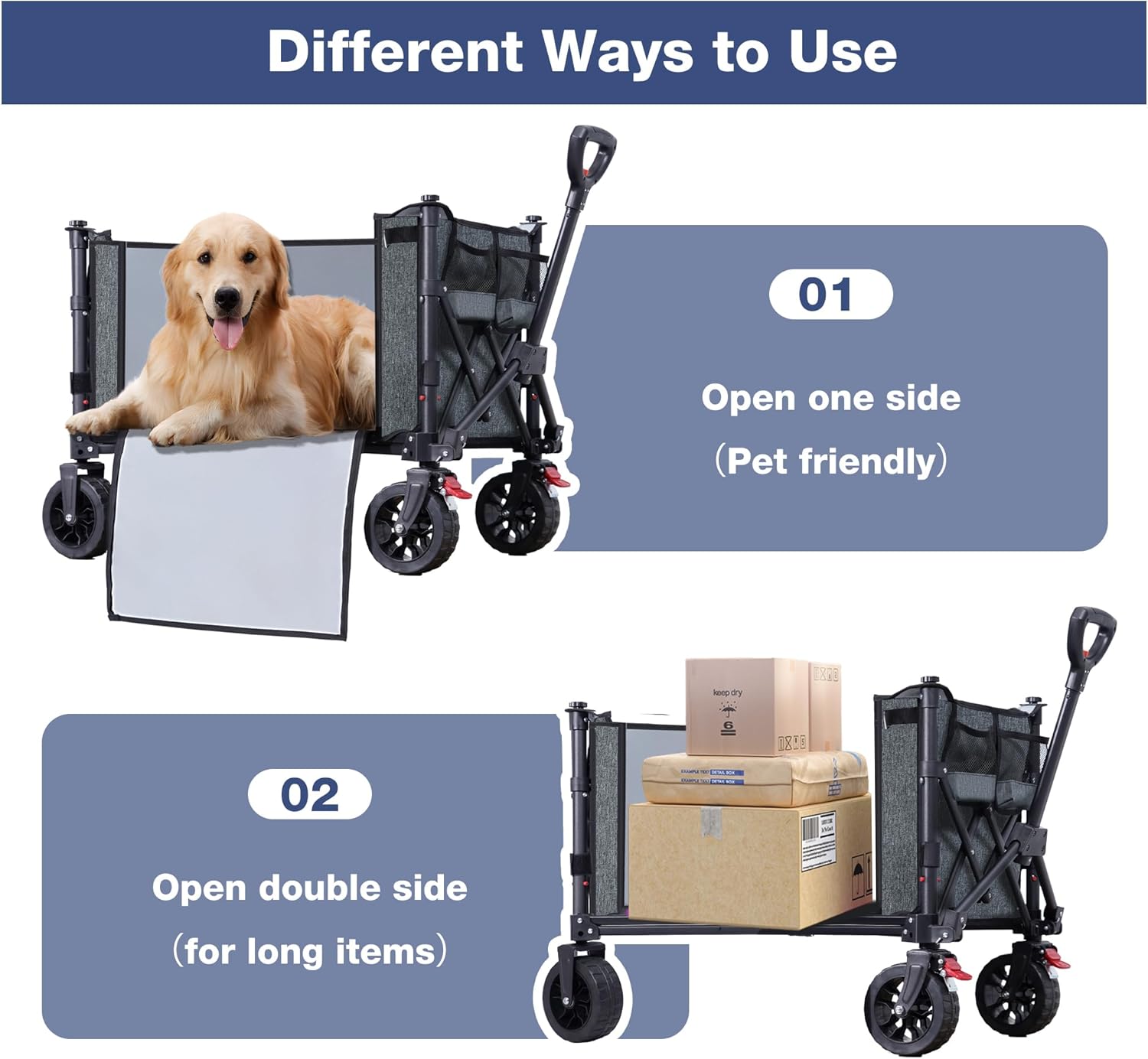 Collapsible Wagon Cart Foldable with Big Wheels Brakes, 250lbs Folding