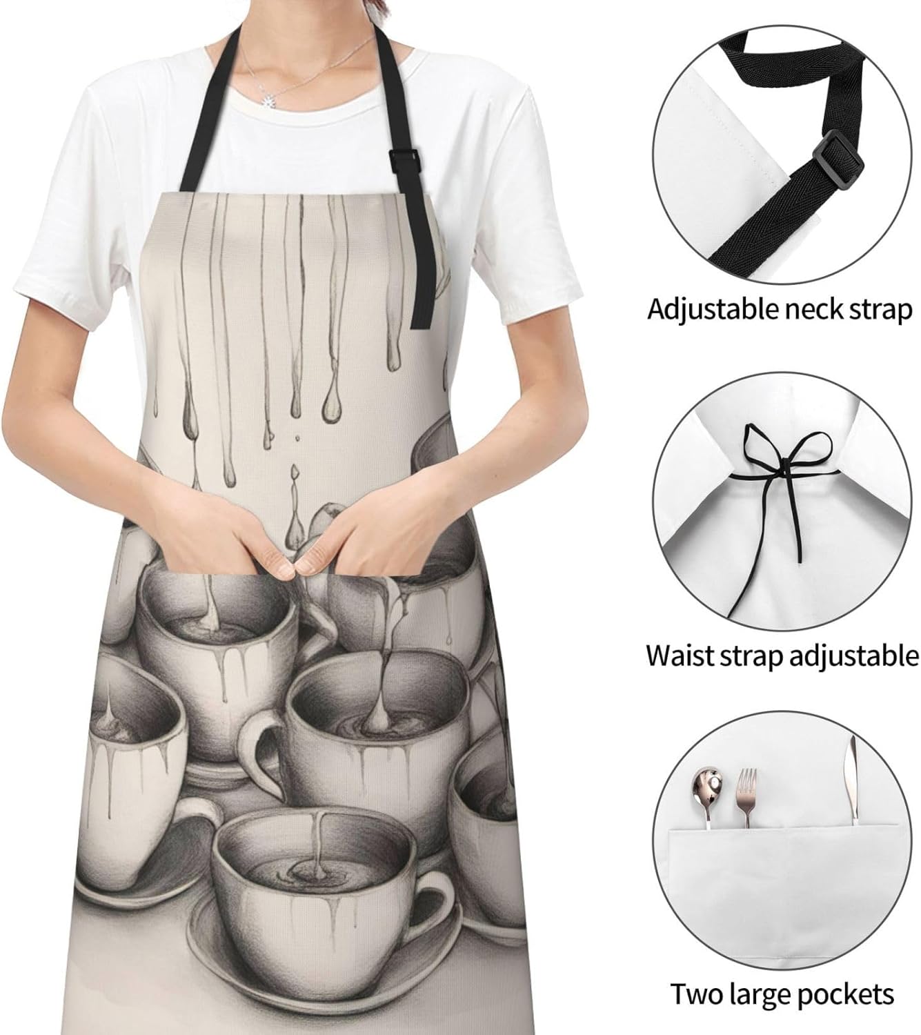 Hand Drawn Teapots and Cups print Waterproof chef's apron with pocket apron for kitchen cooking baking barbecue and gardening