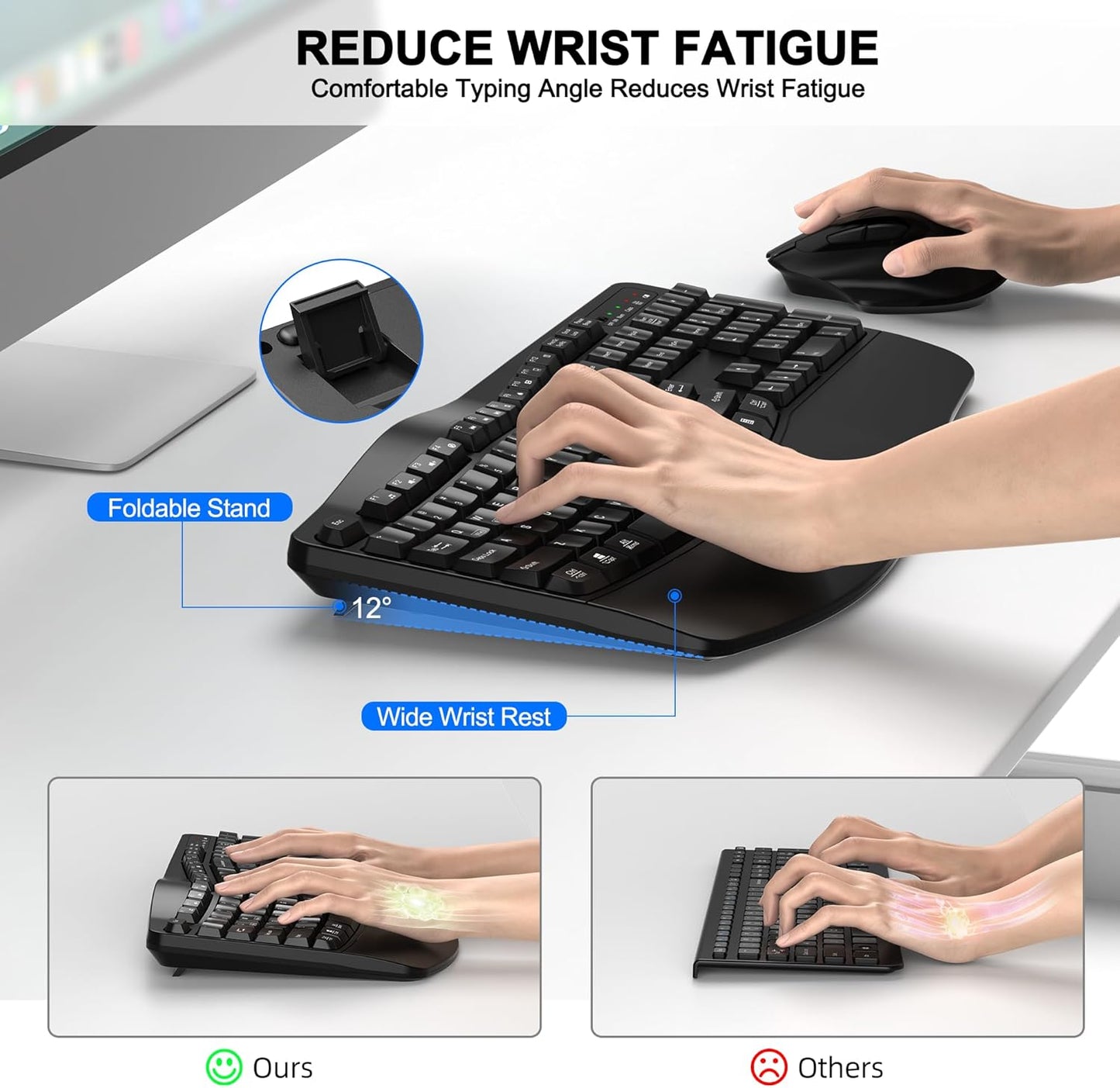 Wireless Keyboard and Mouse Combo, 2.4G Full Size Wave Keys Ergonomic 