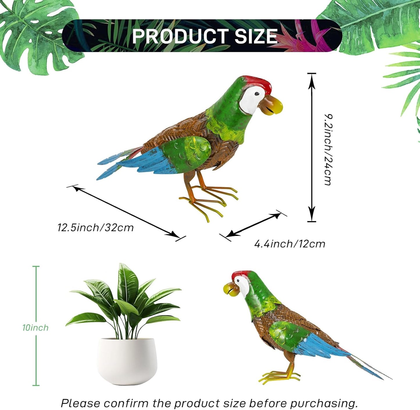 Metal Parrot Garden Statues Outdoor Decor, Parrot Outdoor Sculptures Yard Art Decoration for Patio Lawn Fence Backyard, Gift for Women Moms Grandmas