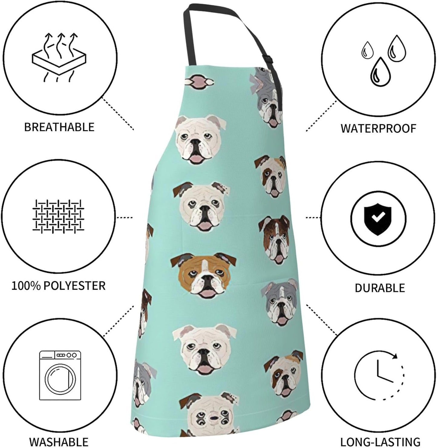 English Bulldog Faces Print Laundry apron 28x33 In Waterproof Kitchen Apron with Pockets for Cooking Baking