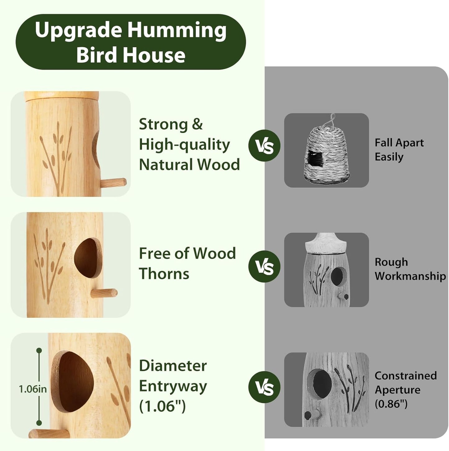 Hummingbird House, Wooden Hummingbird Houses for Outside Hanging, Humming Bird Nest Swinging, Wooden Bird Houses with Cotton, Bow, String, Gardening Gifts Decoration (3 Pack)