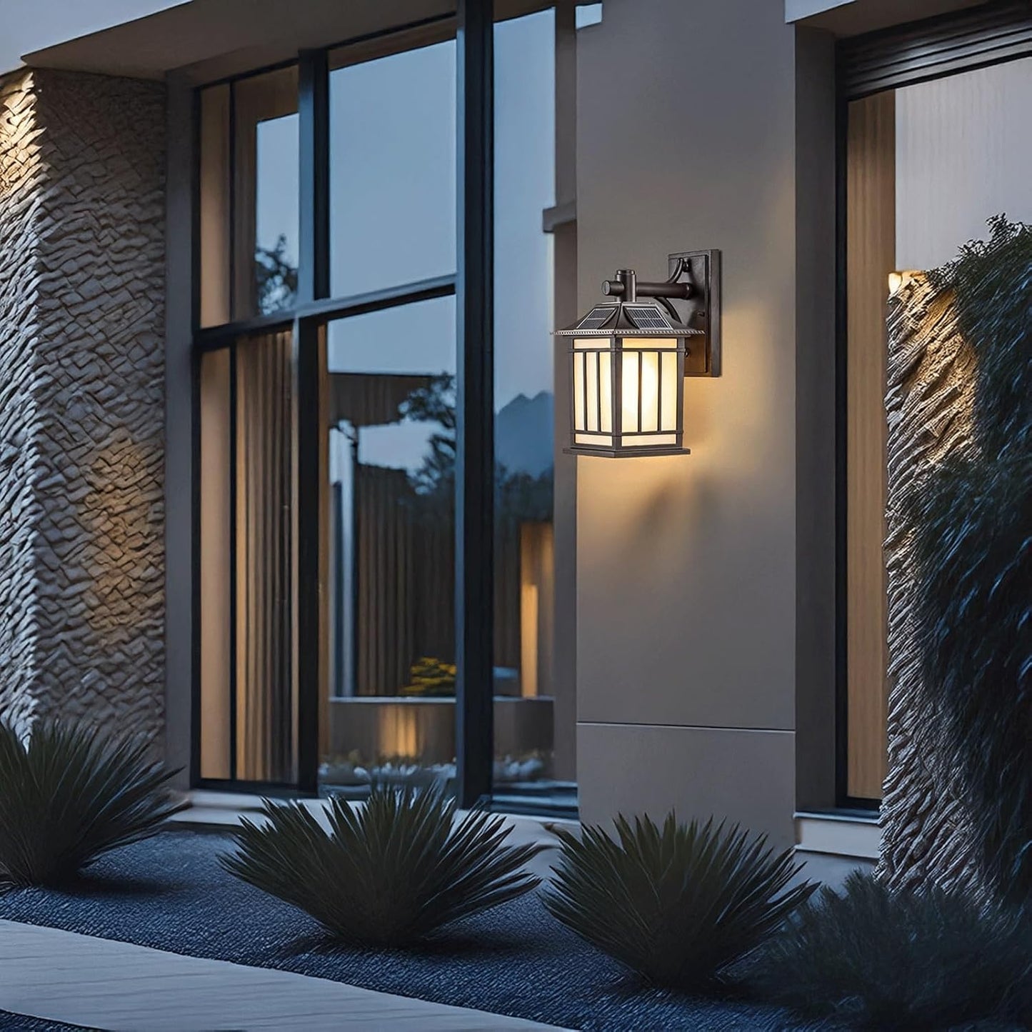 Solar Exterior Wall Lantern, IP65 Waterproof Die-cast Aluminum Sconce Light, Traditional Wall Mounted Fixture with Tempered Glass, 3-Color Mode LED Lamp for Porch Patio Garden Courtyard Path