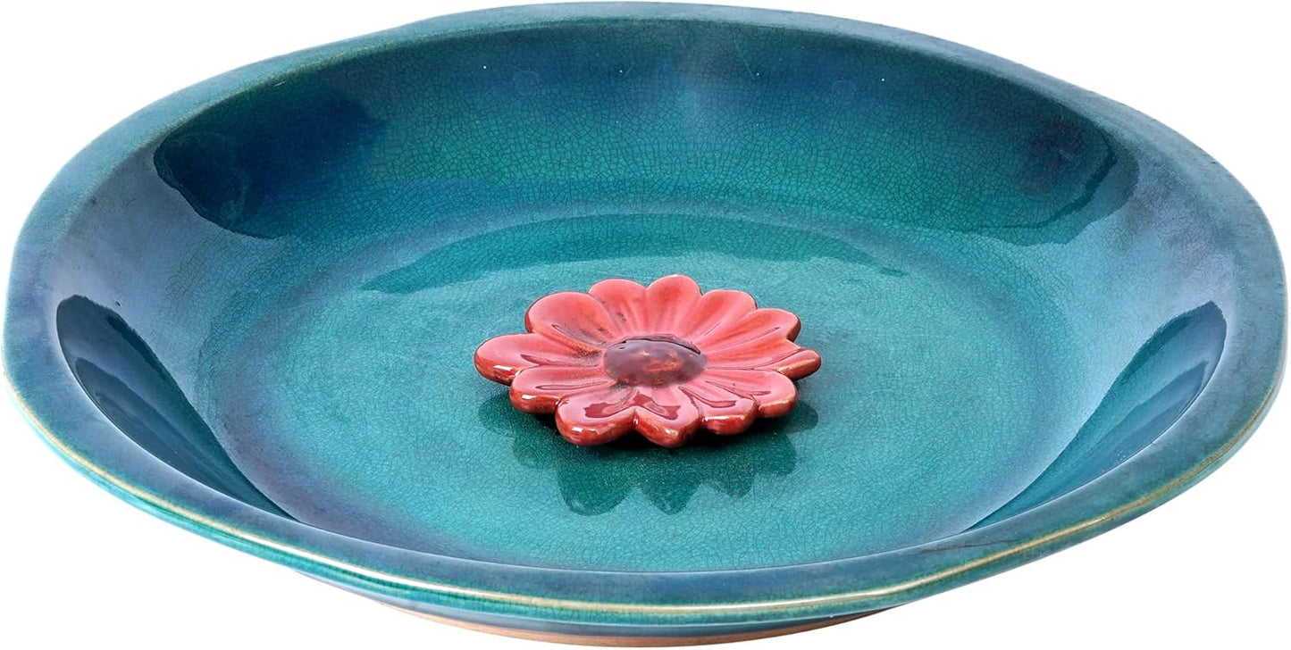 Topadorn Birdbath Ceramic Bowl Decor for Bee Bird Bath Outdoor Garden Vintage Yard,Blue with Red Flower