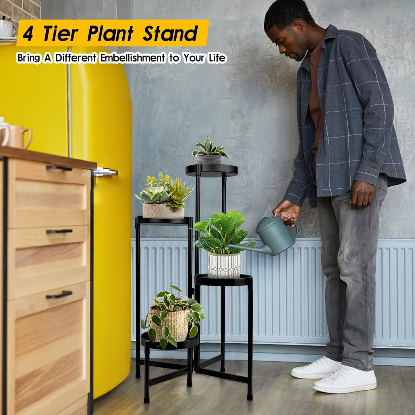 4 Tier Plant Stand Indoor Outdoor, 31 Inch Tall Metal Plant Shelf Waterproof, Plant Holder with Folding Design For Home, Living Room, Black