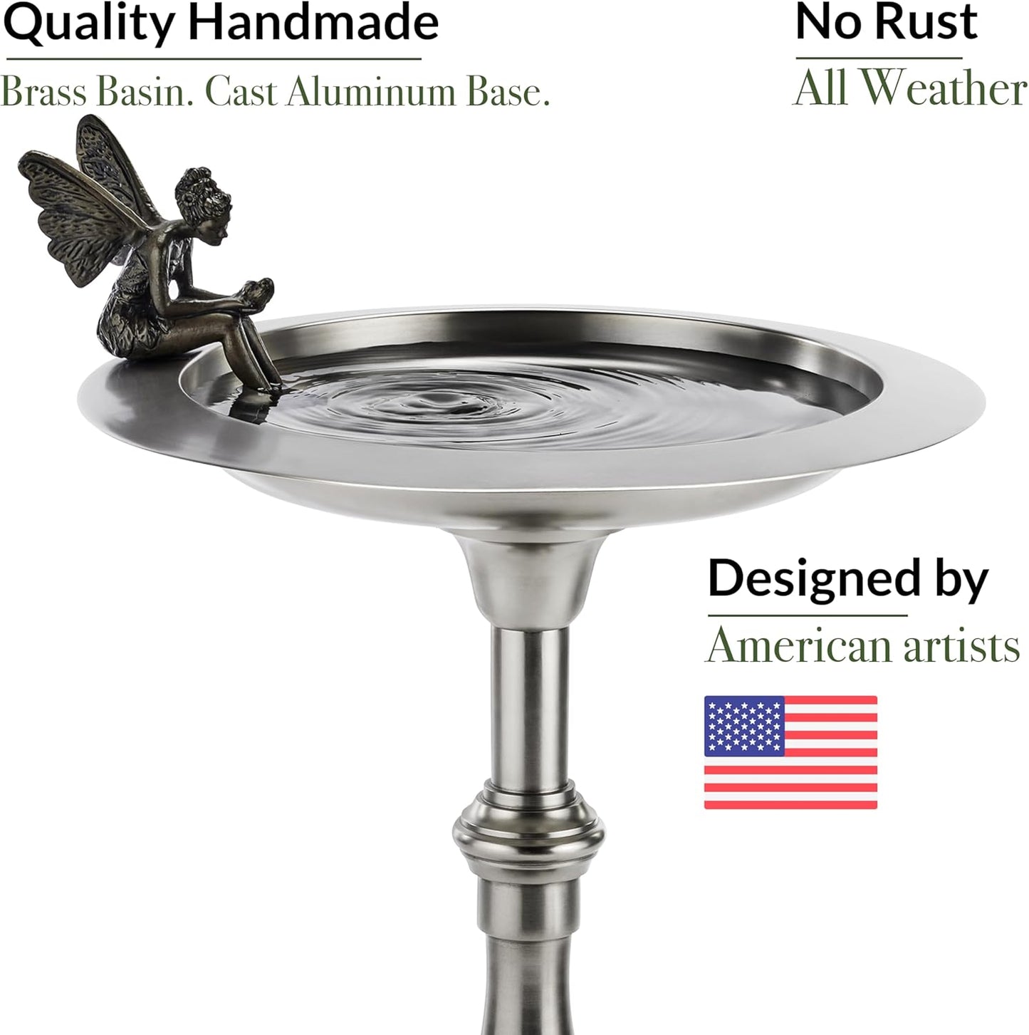 Pewter Pedestal Bird Bath with Fairy Statue, Free Standing Bird Bath, for Outside Backyard, Outdoor Patio, Garden, Birdbath by Good Feeder Gift for Bird Lovers, Large Aluminum Pewter