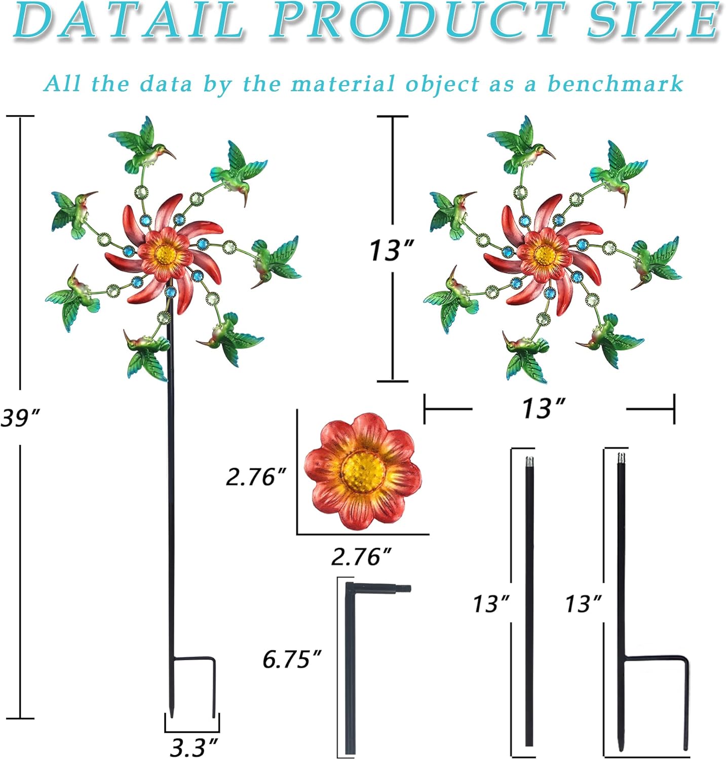 39" Hummingbird Wind Spinner for Yard and Garden Stake,Outdoor Metal Windmill Single Direction Wind Sculptures Kinetic Windmills for Yard Garden Decorations