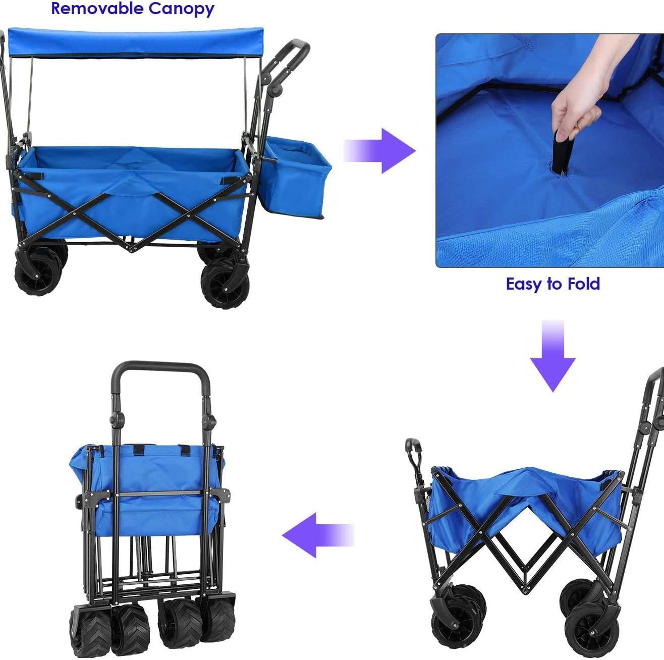 Collapsible Utility Wagon, Heavy Duty Folding Portable Push and Pull Hand Cart with Removable Canopy, for Shopping, Picnic, Beach, Camping (Blue) (Blue)