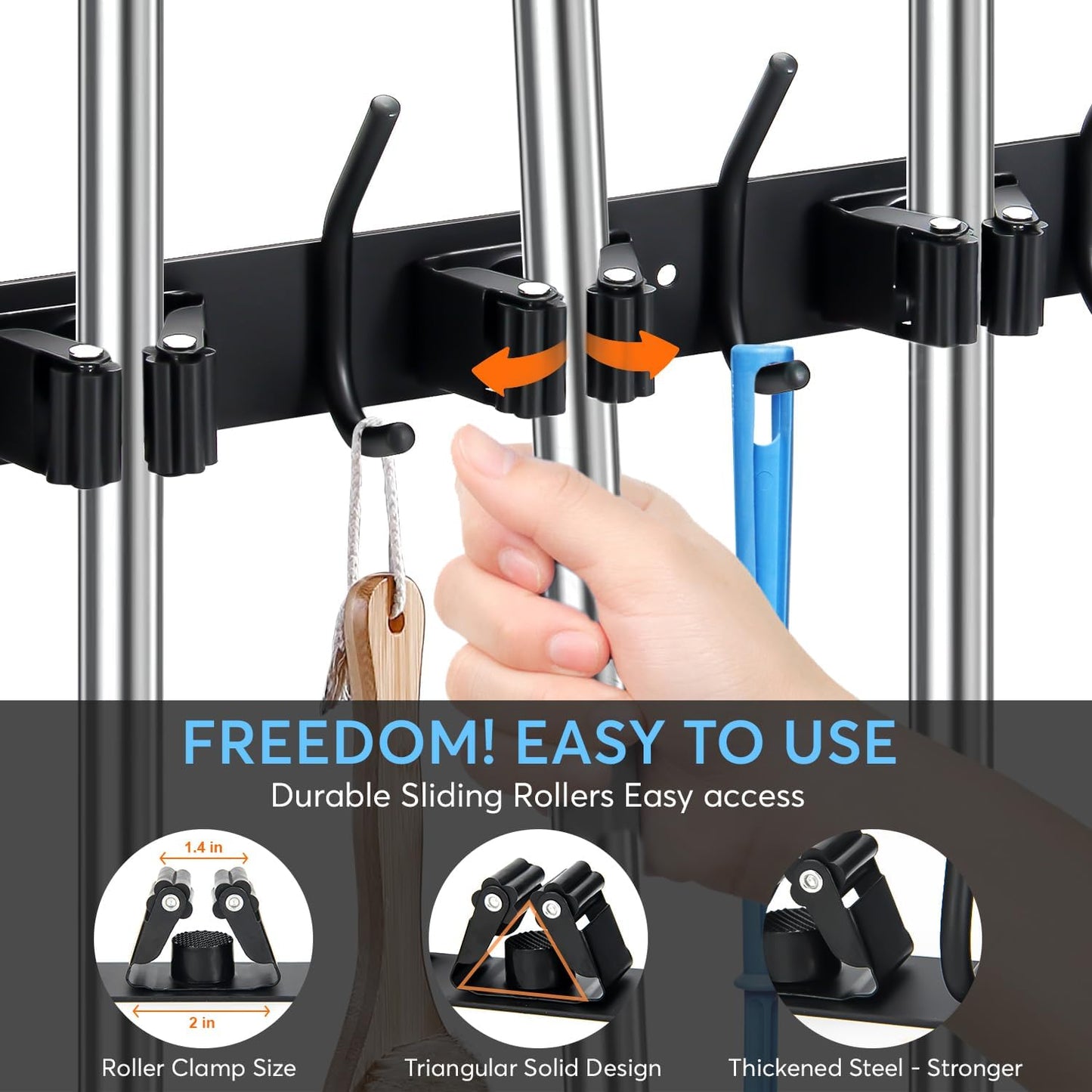 Broom Holder Wall Mount, 4 Racks and 5 Hooks Mop Holder Wall Mount, Stainless Steel Heavy Duty Garden Tool Broom Organizer Wall Mount, Laundry Room, Kitchen, Closet, Shed, Garage Organizer