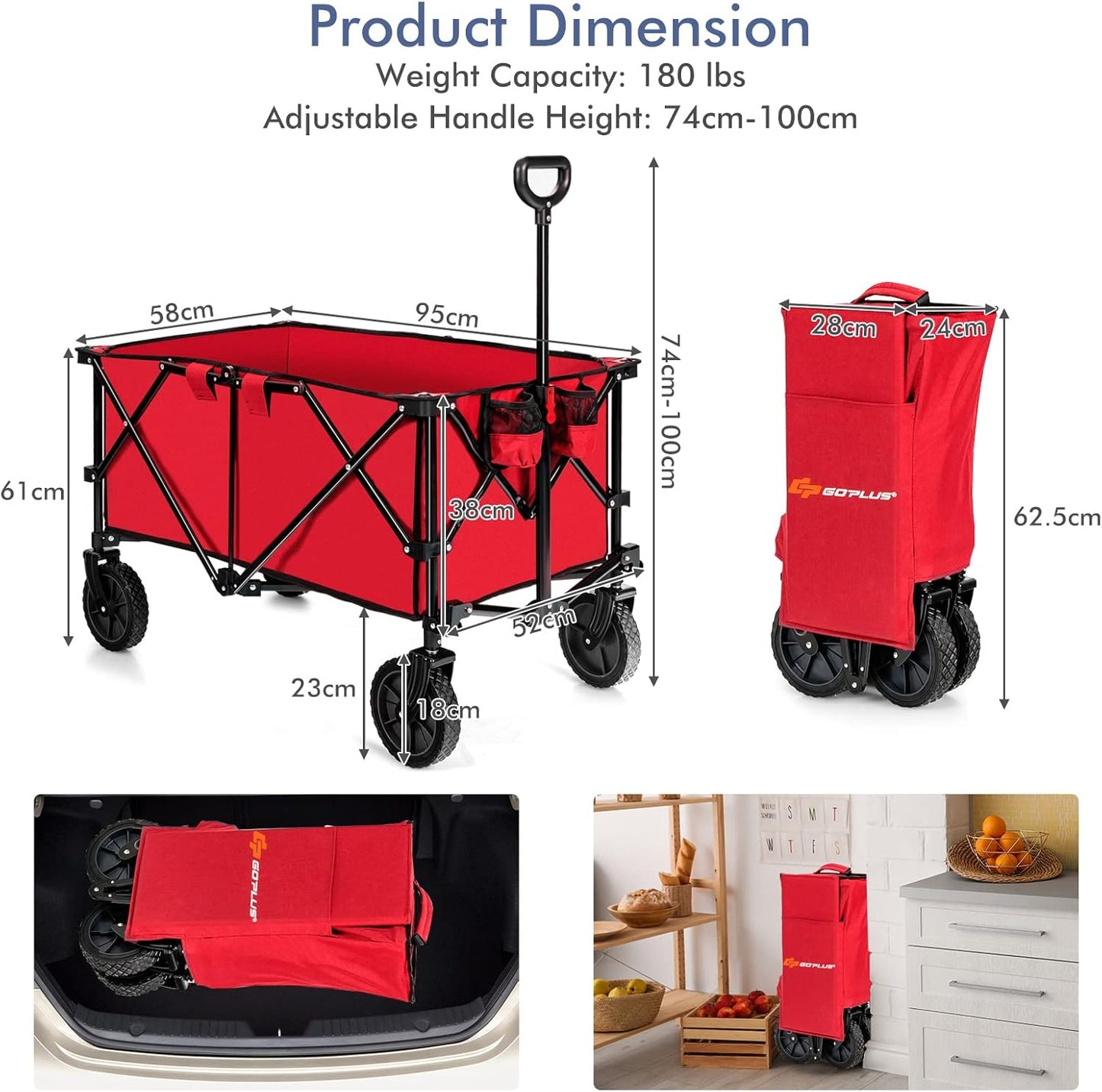 S AFSTAR Folding Wagon Cart, Collapsible Garden Wagon w/Adjustable Handle & Universal Wheels, Heavy Duty Folding Utility Cart for Agricultural Material Toy Grocery, Load Capacity up to 180Lbs (Red)