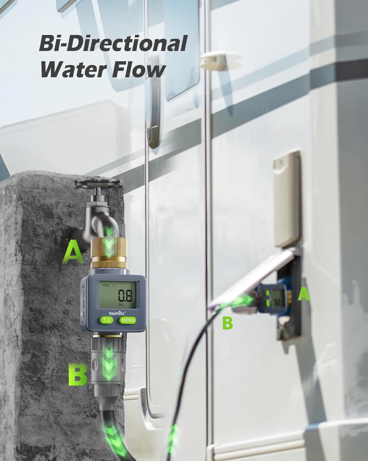 RAINPOINT Water Flow Meter with Brass Inlet & Outlet, 180° Screen-Flip