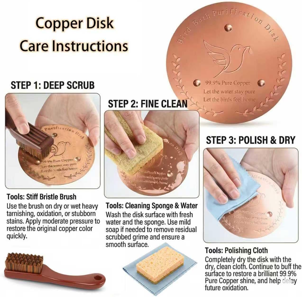Bird Bath Copper Disk & Maintenance Set of 5, Includes 2 Pack 1mm Thic