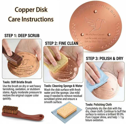 Bird Bath Copper Disk & Maintenance Set of 5, Includes 2 Pack 1mm Thick 99.9% Pure Copper Disks (100mm), Brush, Sponge & Polishing Cloth, Bird-Friendly Accessory to Keep Birdbath Water Fresh