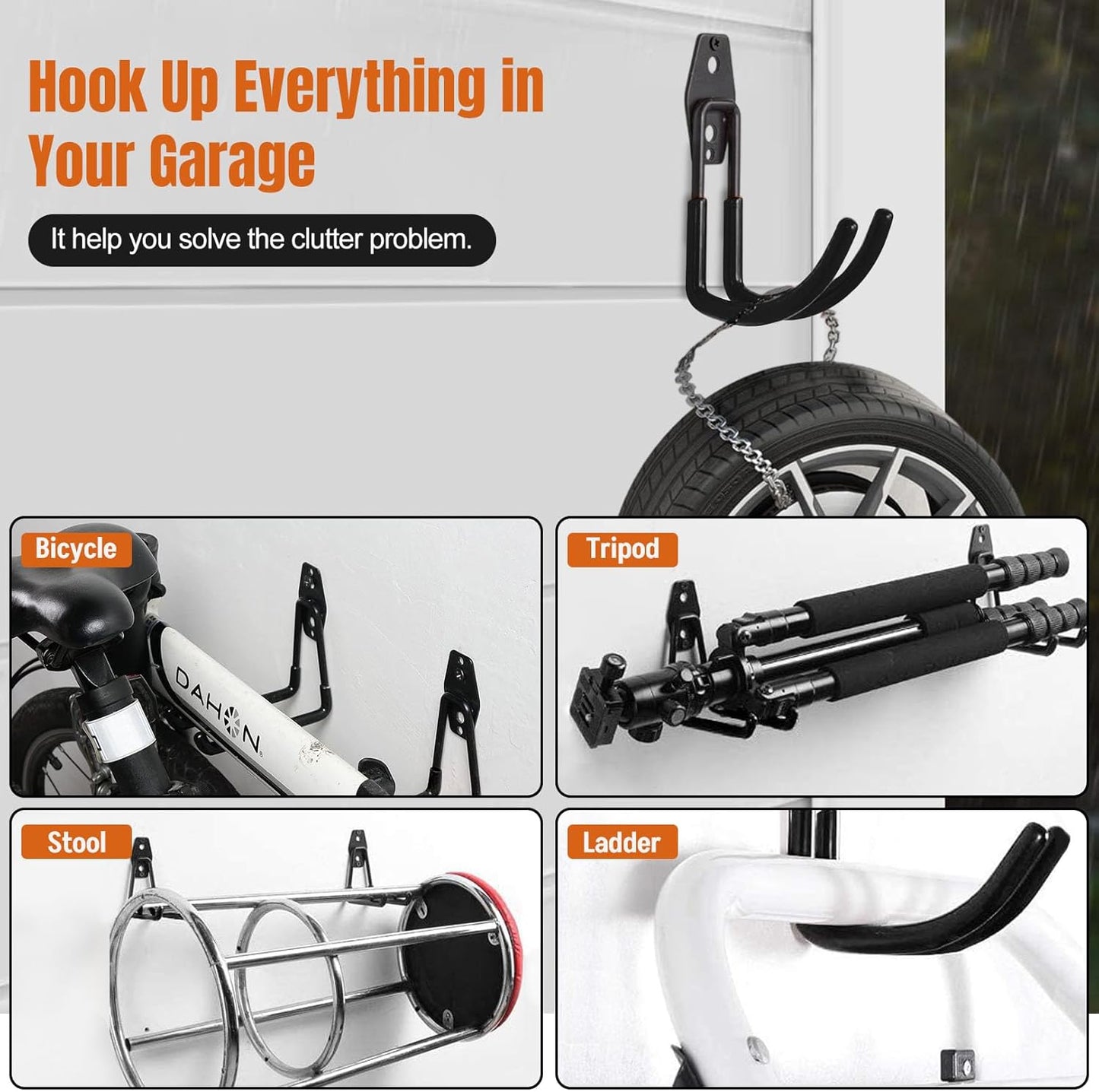 12 Pack Garage Hooks, 2 Extension Cord Storage Straps, Steel Utility Wall Mount Storage Organizer with Anti-Slip Coating for Hanging Ladders, Bikes, Garden Tools, Hose