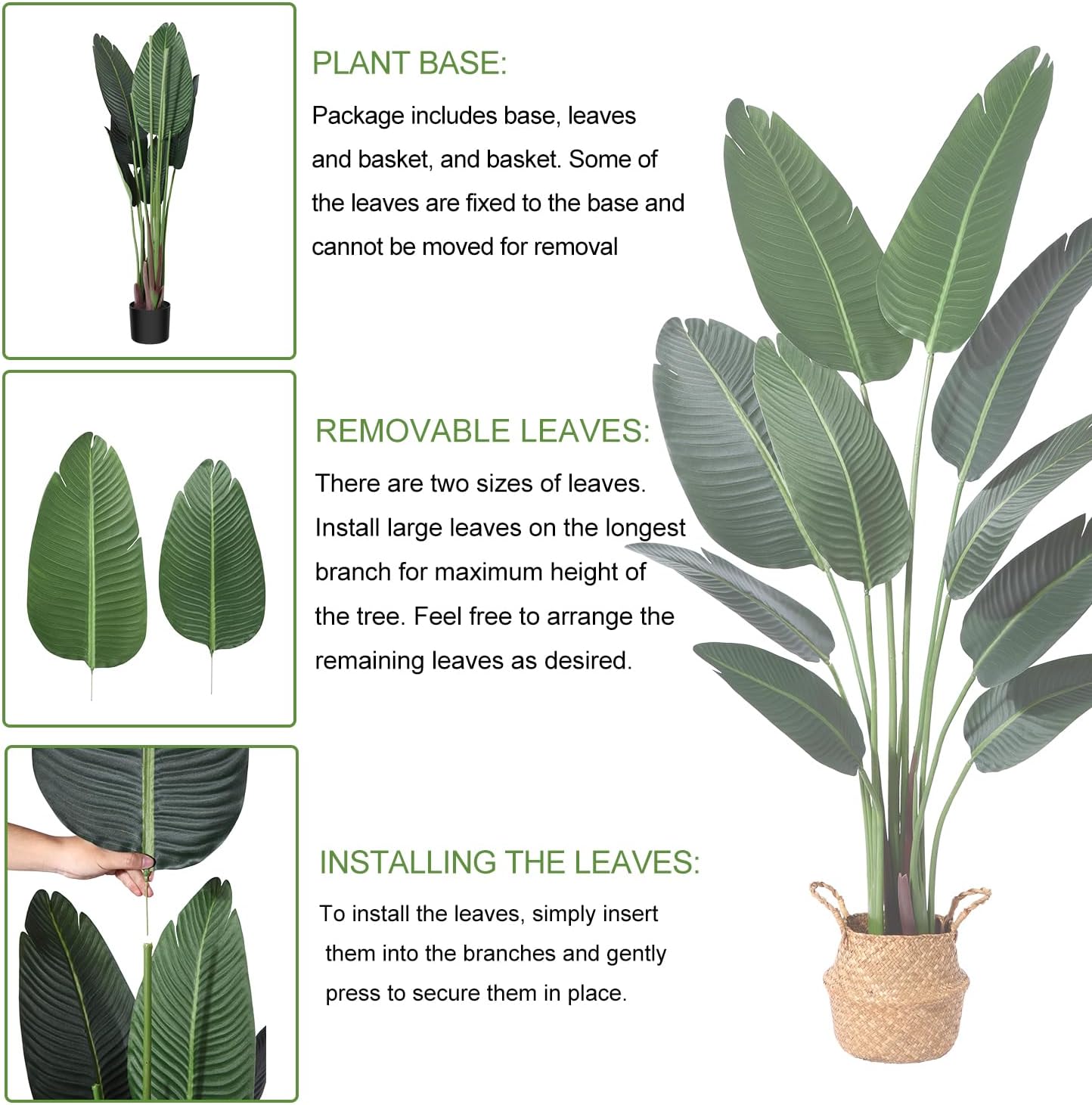 Artificial Bird of Paradise Plants 5Ft Fake Tropical Palm Tree with 10 Trunks in Pot and Woven Seagrass Belly Basket Perfect Faux Plant for Home Indoor Outdoor Office Modern Decor Green