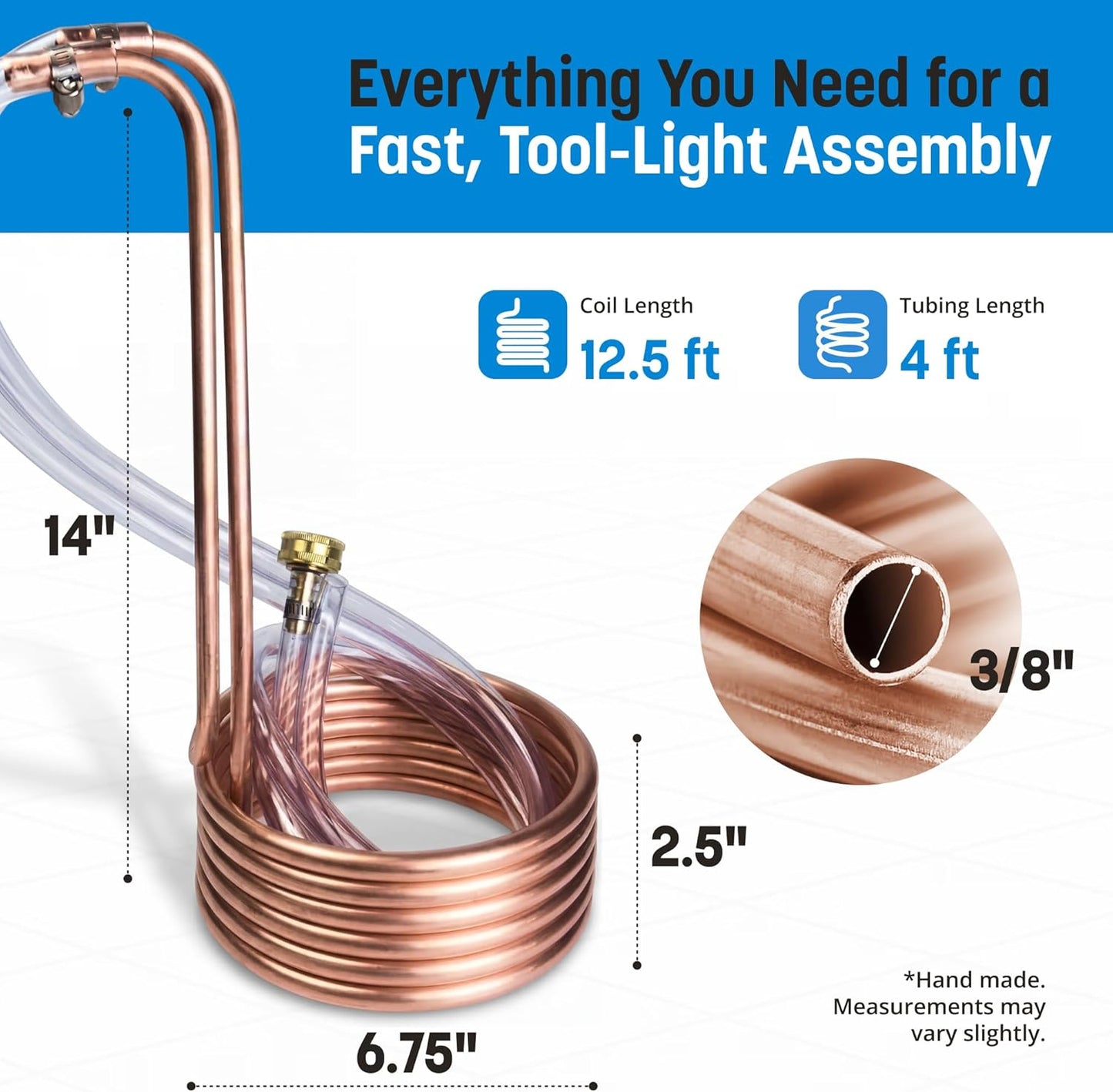 Coldbreak 12.5Ft. Wort Chiller with Copper Coil - Compact and Basic Immersion Beverage Chiller and Beer Brewing Equipment - 2pcs of 4Ft. Vinyl Tubing, Garden Hose Fitting, and Hose Clamps Included