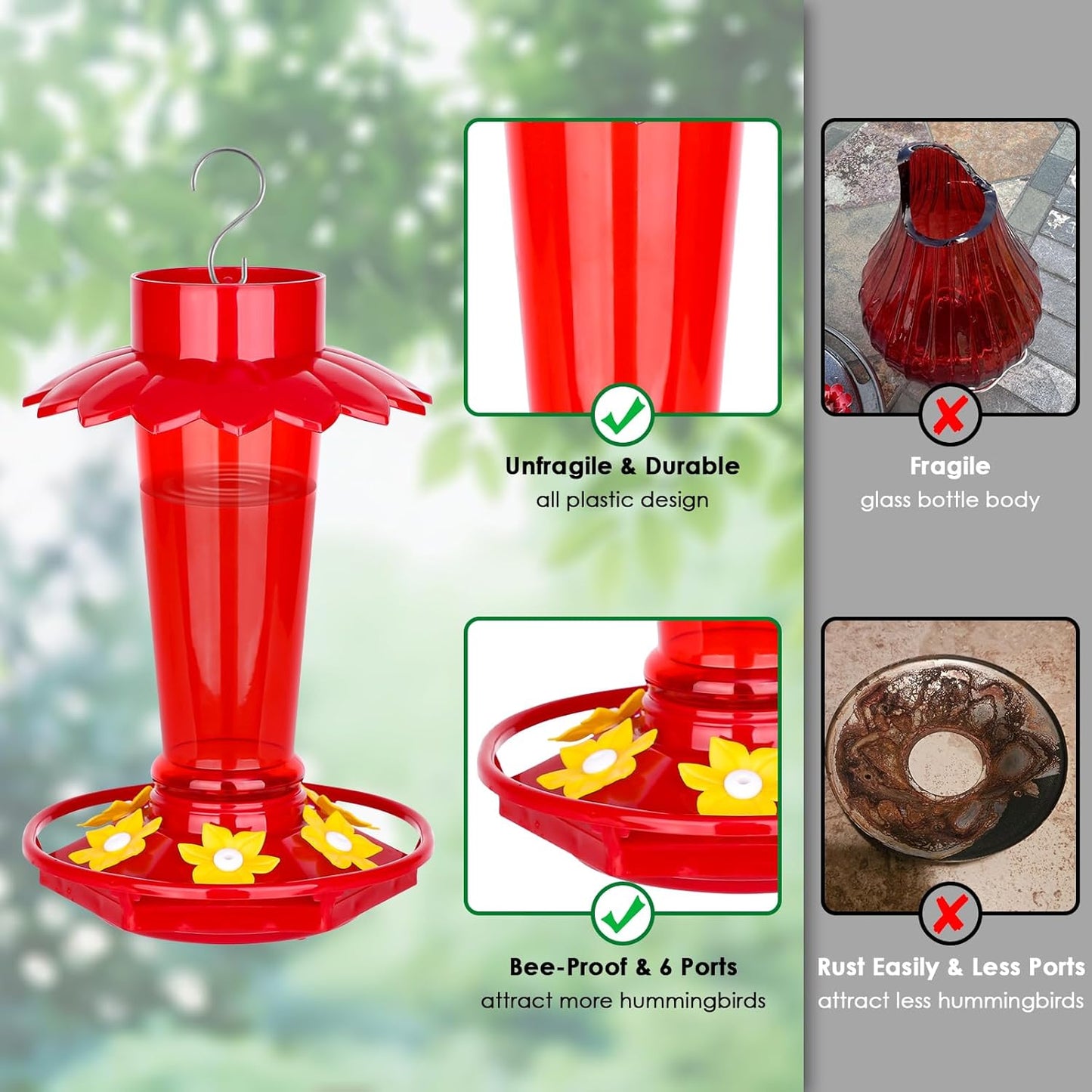 Plastic Hummingbird Feeders for Outdoors Hanging, 2 Pack 10 OZ Red Humming Bird Feeder with 6 Feeding Ports and Perch, Built-in Ant Moat, Gifts for Women Garden Decor