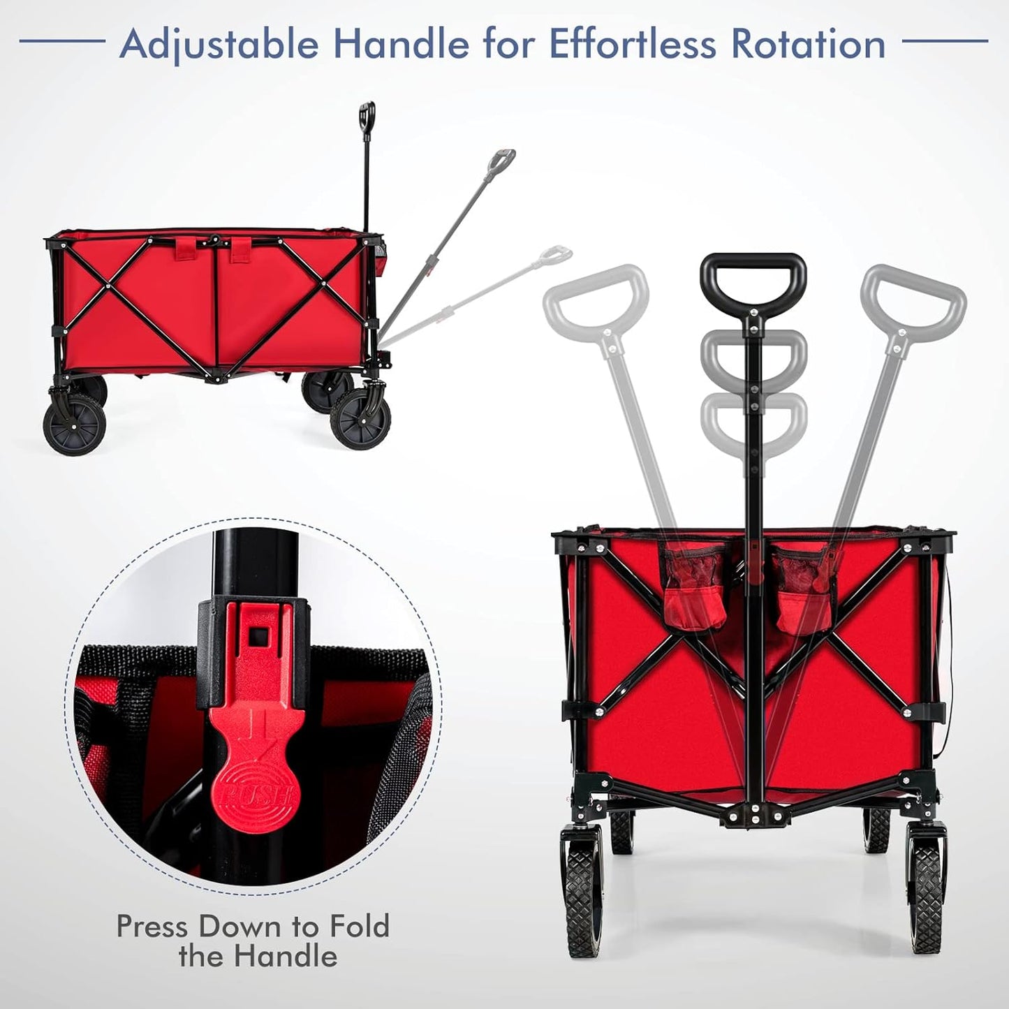 S AFSTAR Folding Wagon Cart, Collapsible Garden Wagon w/Adjustable Handle & Universal Wheels, Heavy Duty Folding Utility Cart for Agricultural Material Toy Grocery, Load Capacity up to 180Lbs (Red)
