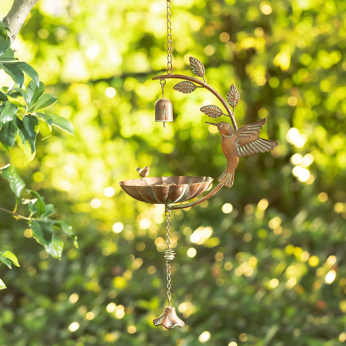 Glitzhome 25" H Metal Wild Bird Feeder, Faux Copper Patina Finish Hummingbird Hanging Birdfeeder - Attract Wild Birds for Garden Deck Yard Backyard Porch Decor