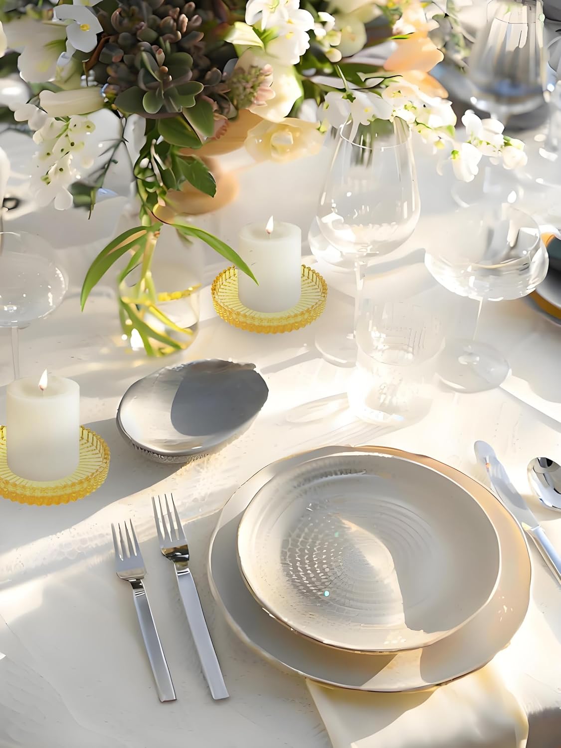 3.8 Inch Yellow Glass Pillar Candle Holder Plates Set of 2 Coaster Holder Round Candle Stand for Table Centerpieces, Wedding,Party,and Home Decor