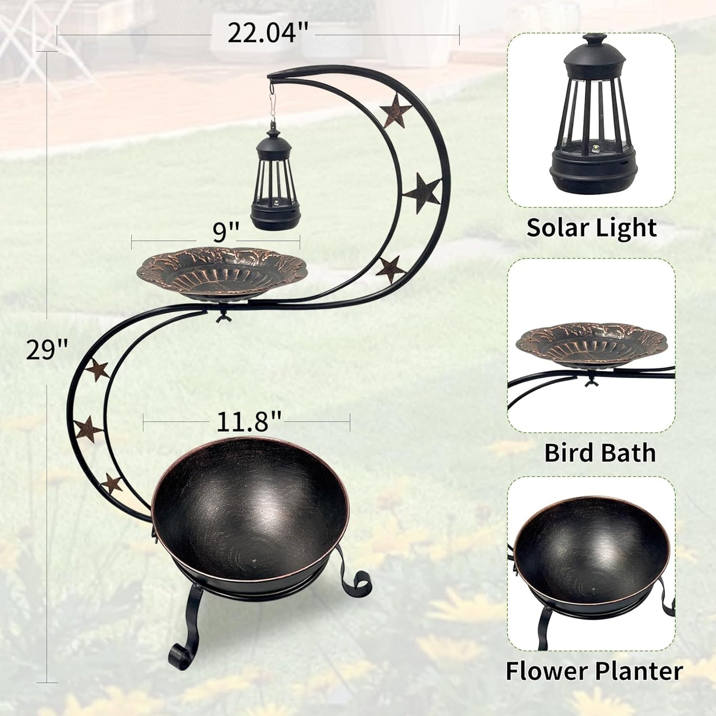 Solar Bird Bath for Outside, Vintage Metal Bath Bowl Standing Birdbath
