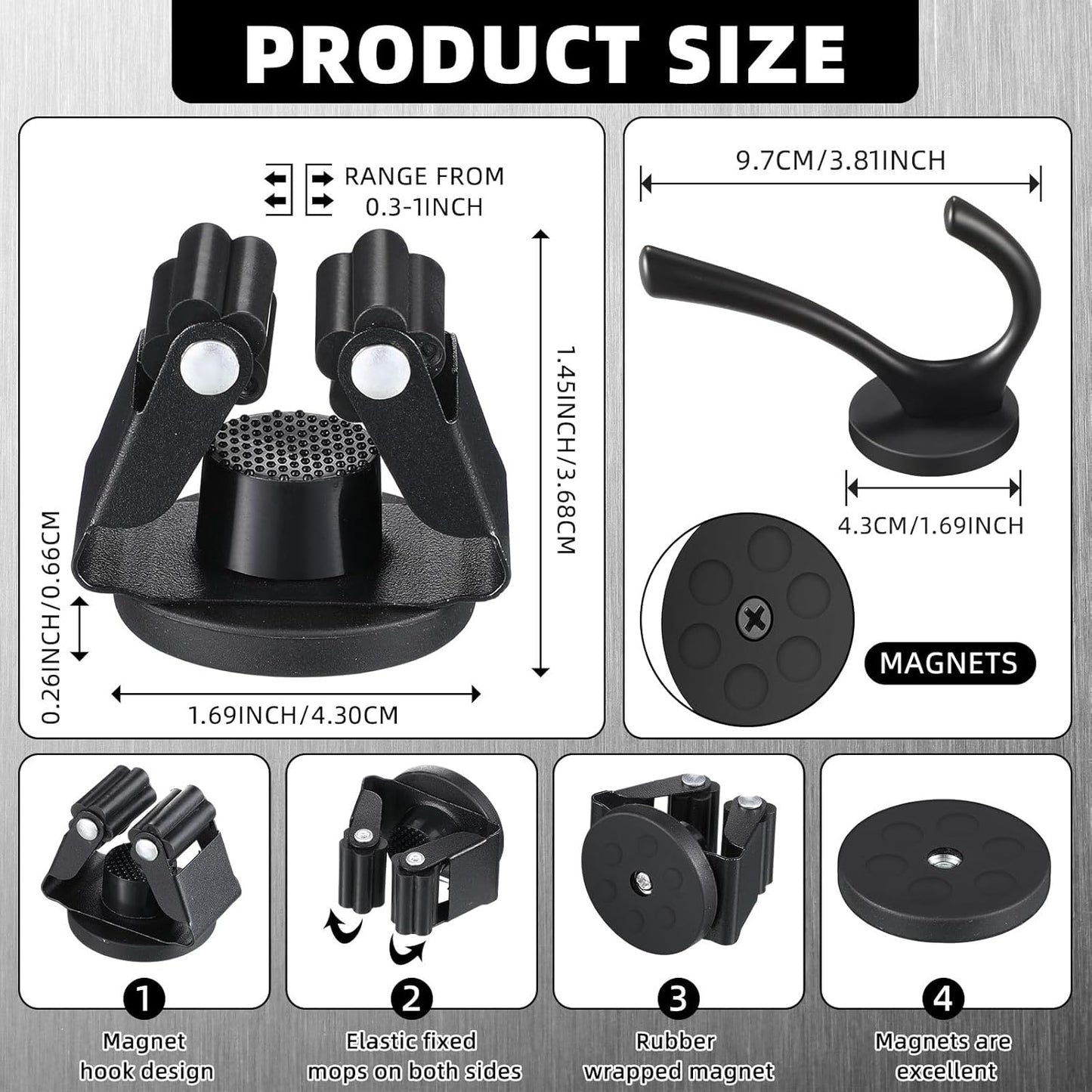 4 Pcs Magnetic Double Hooks Magnetic Coat Hooks Magnetic Mop Broom Holder Movable Magnetic Broom Holder Rack for Garage Kitchen Laundry Garden