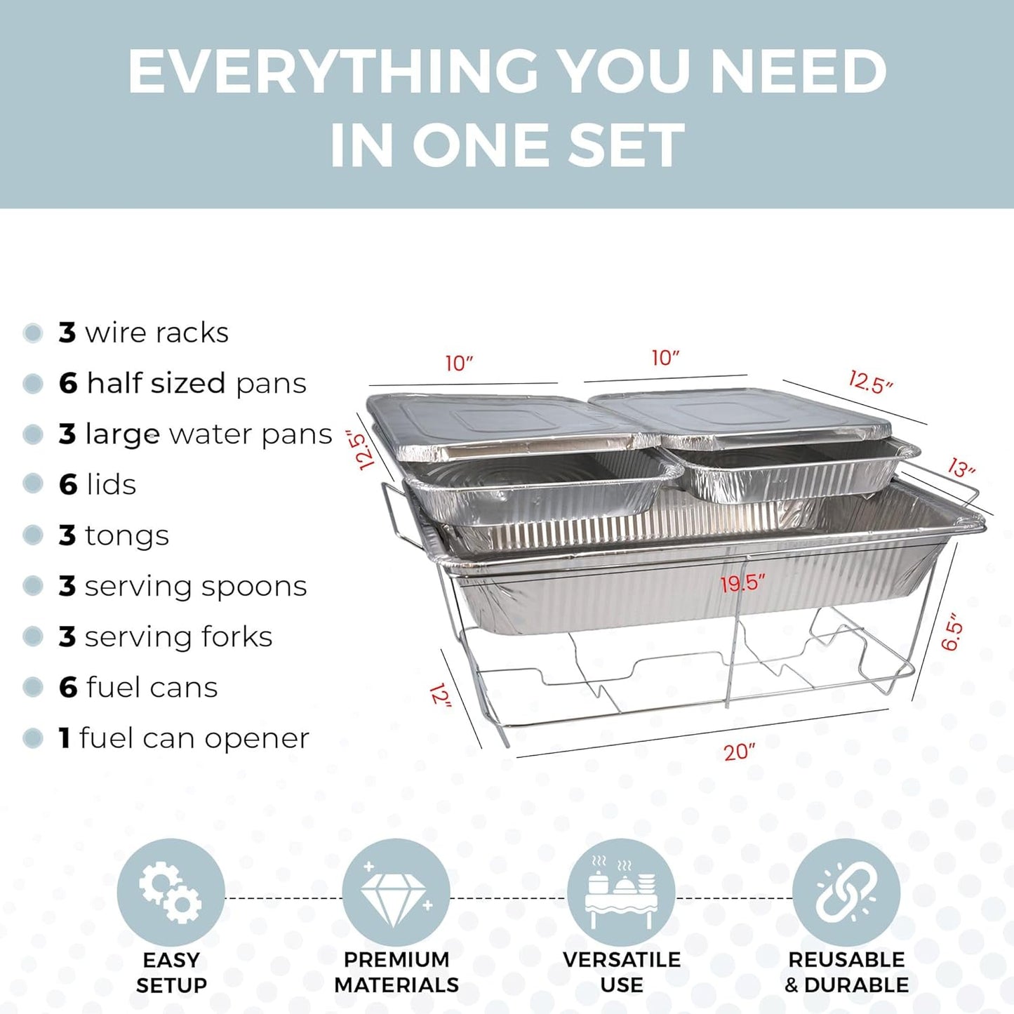 Large Full Size 33-Pcs Disposable Chaffing Buffet with-Covers, Utensil