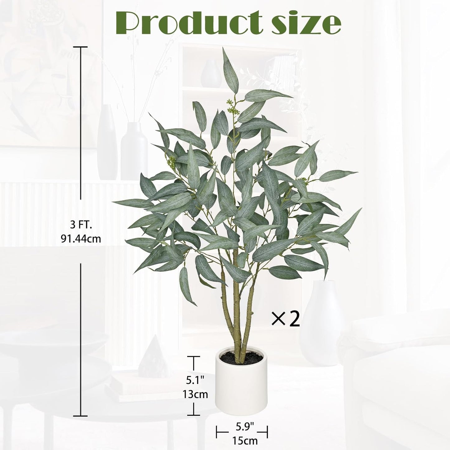2 Packs Artificial Eucalyptus Tree in White Pot – 3FT Faux Indoor Plant for Home Décor, Modern Greenery for Living Room, Bedroom, Office – Realistic Silk Leaves, Minimalist Planter