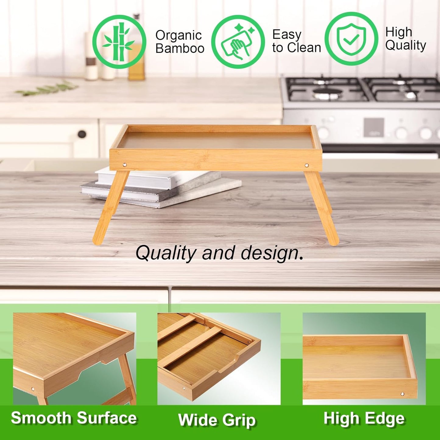 2 Pack Bamboo Bed Tray Table with Folding Legs,Breakfast Trays,Serving