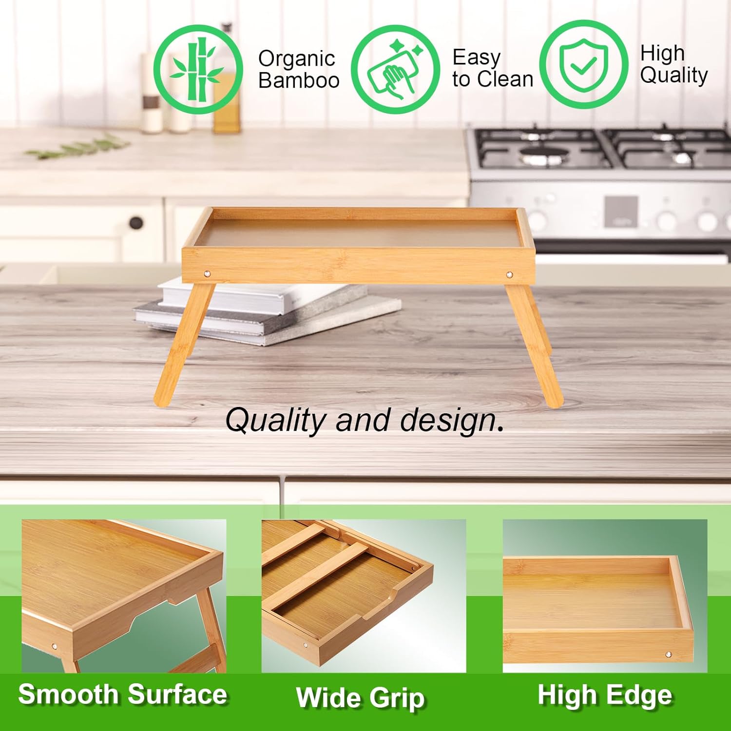 2 Pack Bamboo Bed Tray Table with Folding Legs,Breakfast Trays,Serving