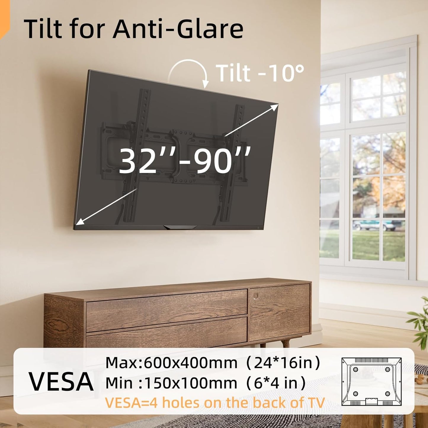 55 65 75 85 inch Tilting TV Wall Mount for 32-90 '' TVs, Low Profile TV Mount Bracket, Safe Lock & Quick Release, Max VESA 600x400mm, 24 inch Studs,132 lbs, Fit Most 55+ 75+ 85+ 86 TVs