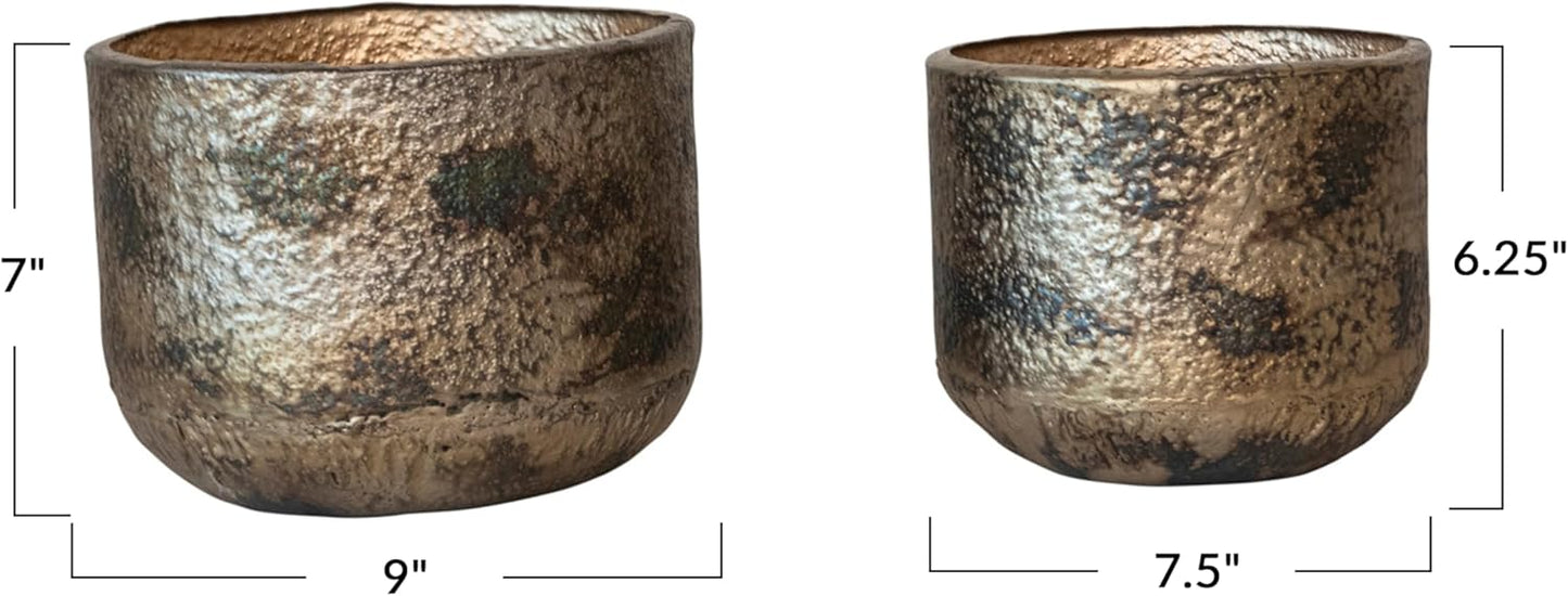 Creative Co-Op Round Metal Planters with Oxidized Finish, Antique Gold Finish, Set of 2