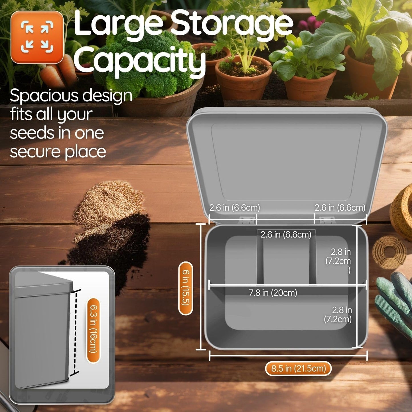 Flexzion Tin Storage Box with Removable Tray, 8 Inch Seed Organizer Box and Metal Seed Holder Organizer with Hinged Lid, Toolbox Container for Crafts, Hardware, Tools, Essentials, Gray