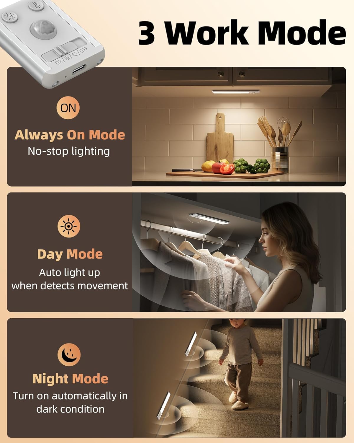 EZVALO Under Cabinet Lighting, 2400mAh Rechargeable Motion Sensor Light Indoor, 3 Color Temps, 5-Level Dimmable Magnetic Wireless Closet Lights for Kitchen, Pantry, Stairs (2 Pack)