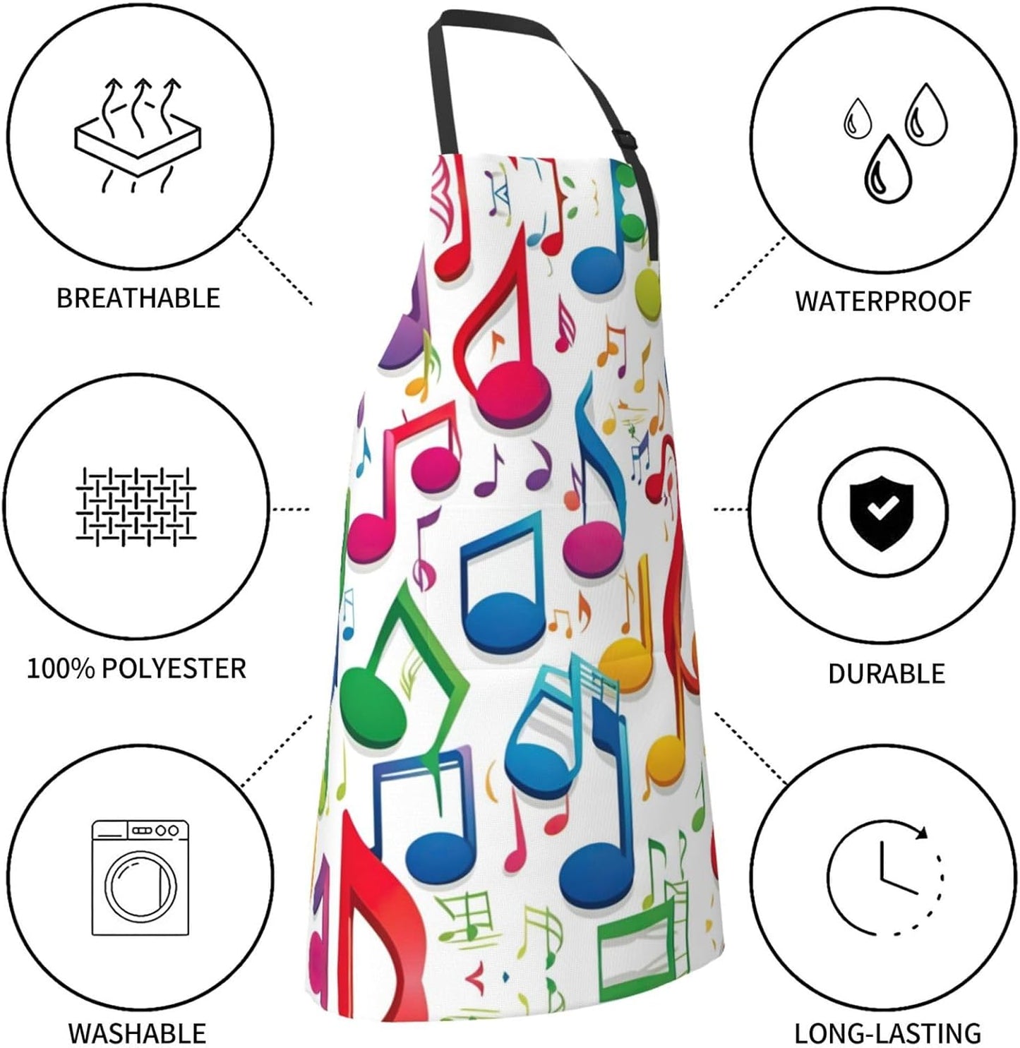 Colorful Music Notes 1 print Waterproof chef's apron with pocket apron for kitchen cooking baking barbecue and gardening