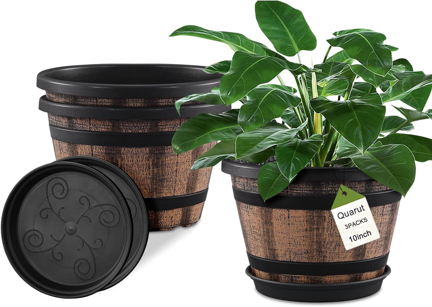 Quarut 3 Pack 10 inch Plant Pots,Whiskey Barrel Planters with Drainage