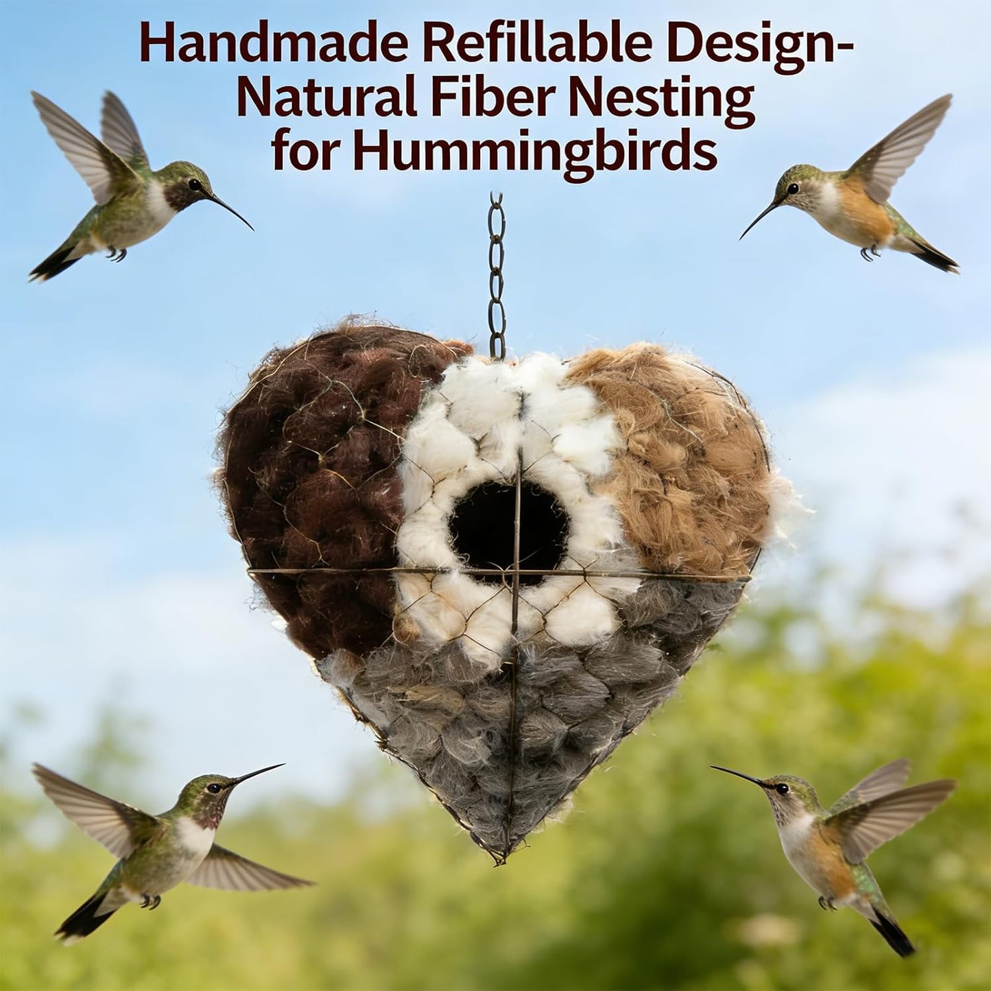 Handmade Fiber Bird Nesting Heart, Refillable Nature Wool Material Hou