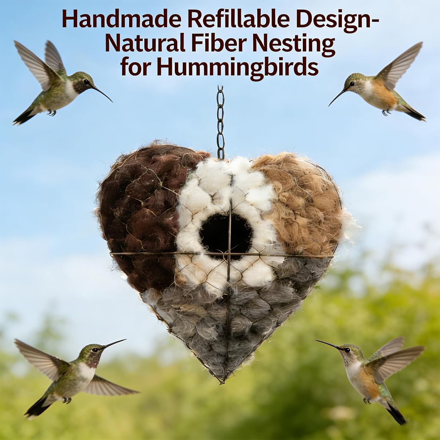 Handmade Fiber Bird Nesting Heart, Refillable Nature Wool Material Hou